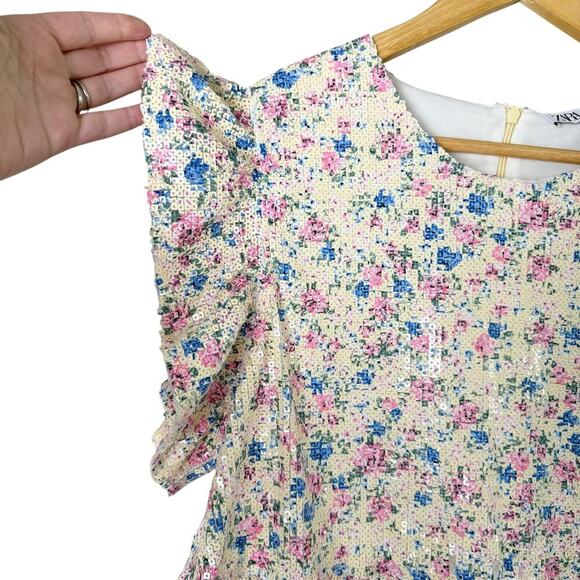 Zara Floral Sequin Crop Top Blouse Flutter Sleeves Cream Pink Blue, Size Medium - Picture 6 of 14